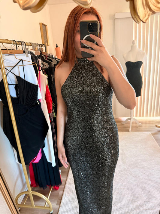 Sparkling Silver Halter Maxi Dress