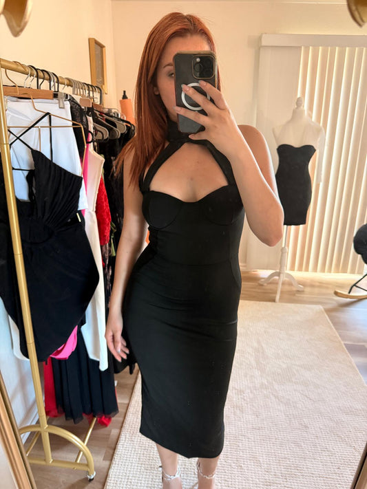 Black Cutout Halter Neck Midi Dress