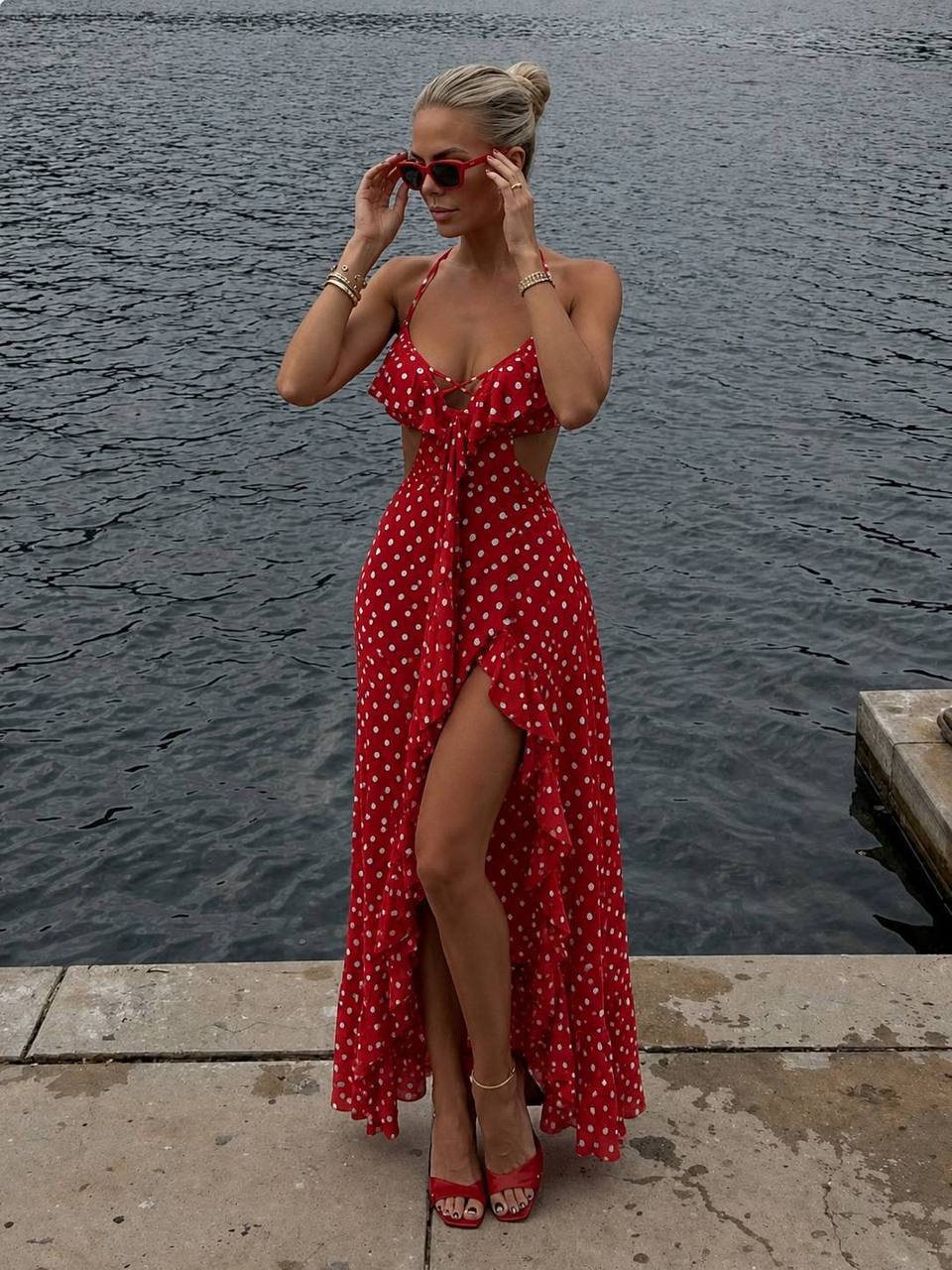 Polka Dot Ruffle Maxi Dress