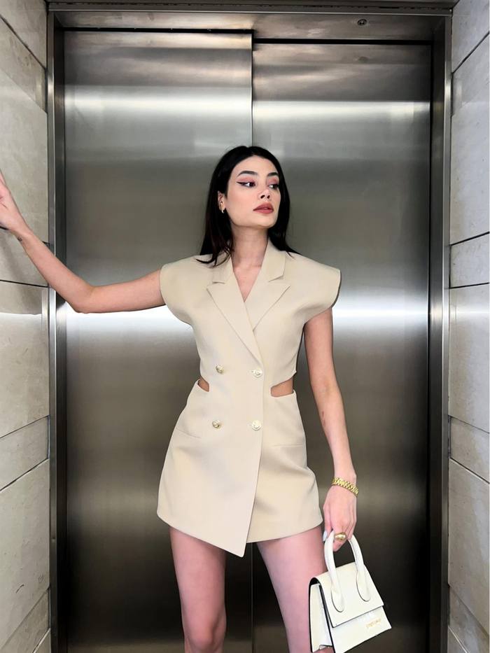 Beige Blazer Romper with Open Back