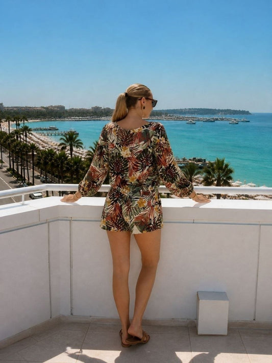 Tropical Print Long Sleeve Top & Shorts Two-Piece Set