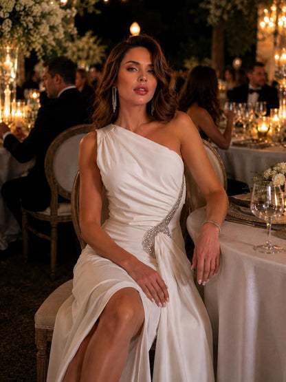 Crystal Drape One Shoulder Gown