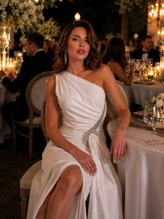 Crystal Drape One Shoulder Gown