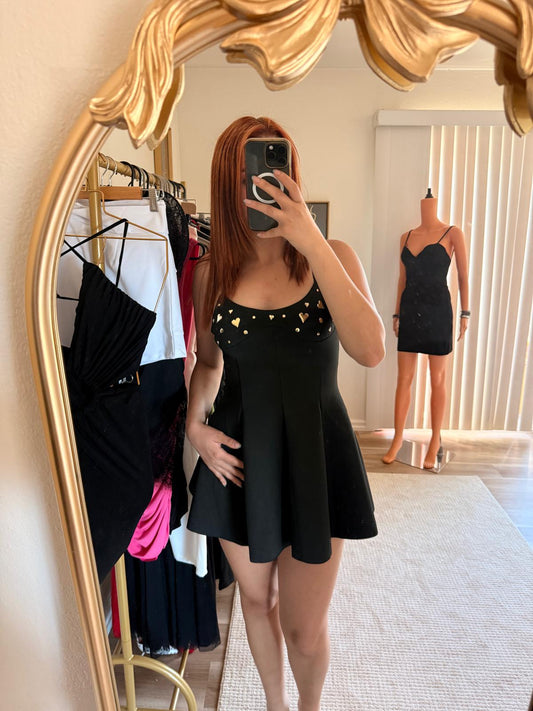 Gold Heart Embellished Flare Mini Dress