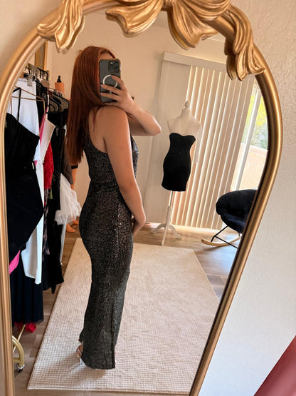Sparkling Silver Halter Maxi Dress