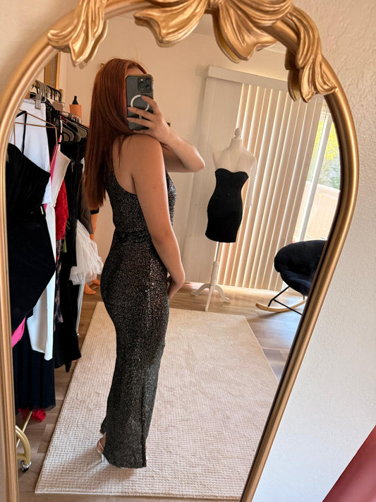 Sparkling Silver Halter Maxi Dress
