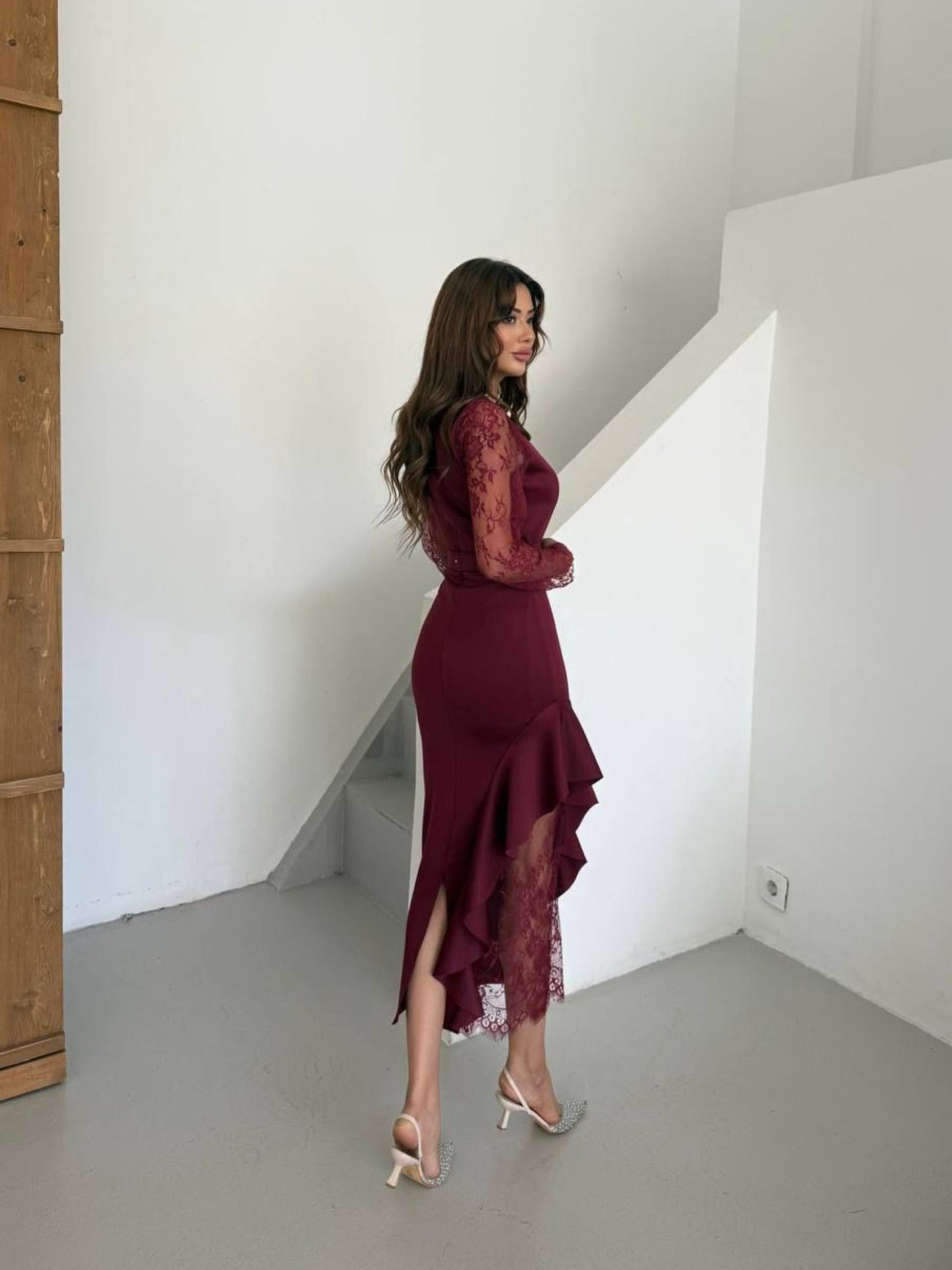 Noir Asymmetry Lace Midi Dress