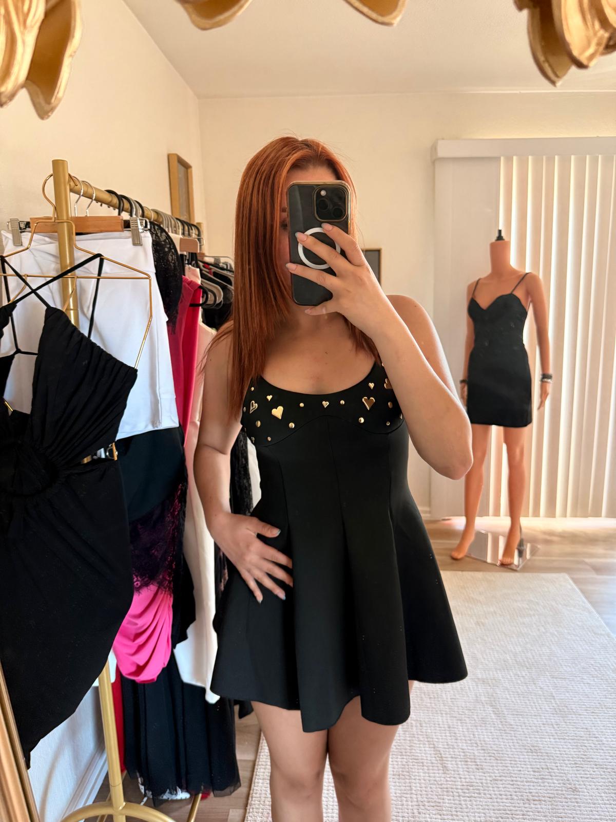 Gold Heart Embellished Flare Mini Dress
