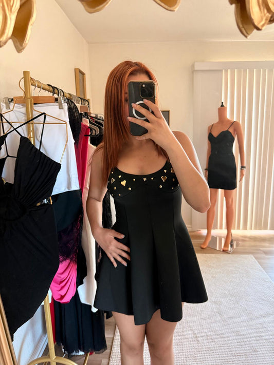 Gold Heart Embellished Flare Mini Dress