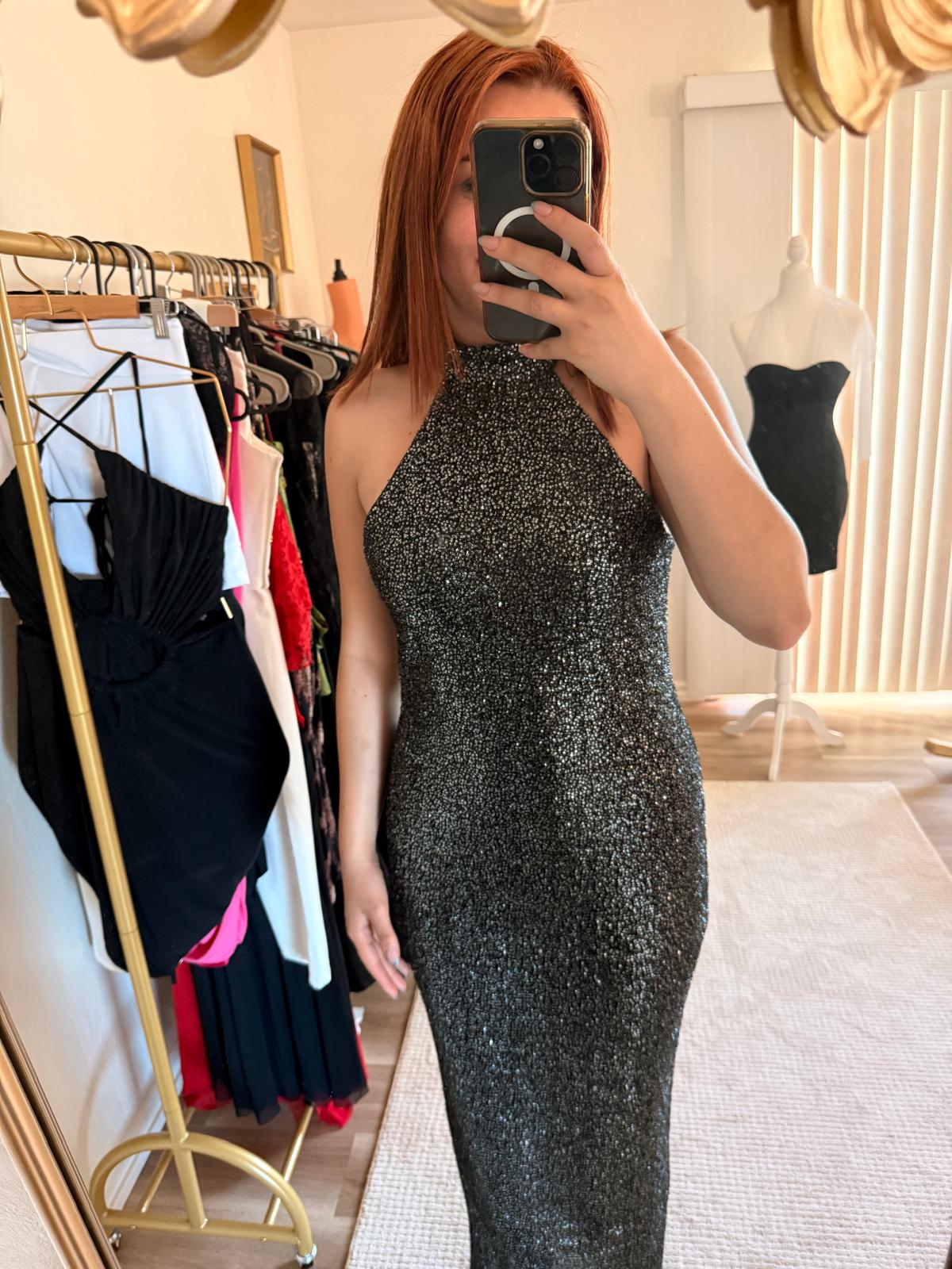 Sparkling Silver Halter Maxi Dress