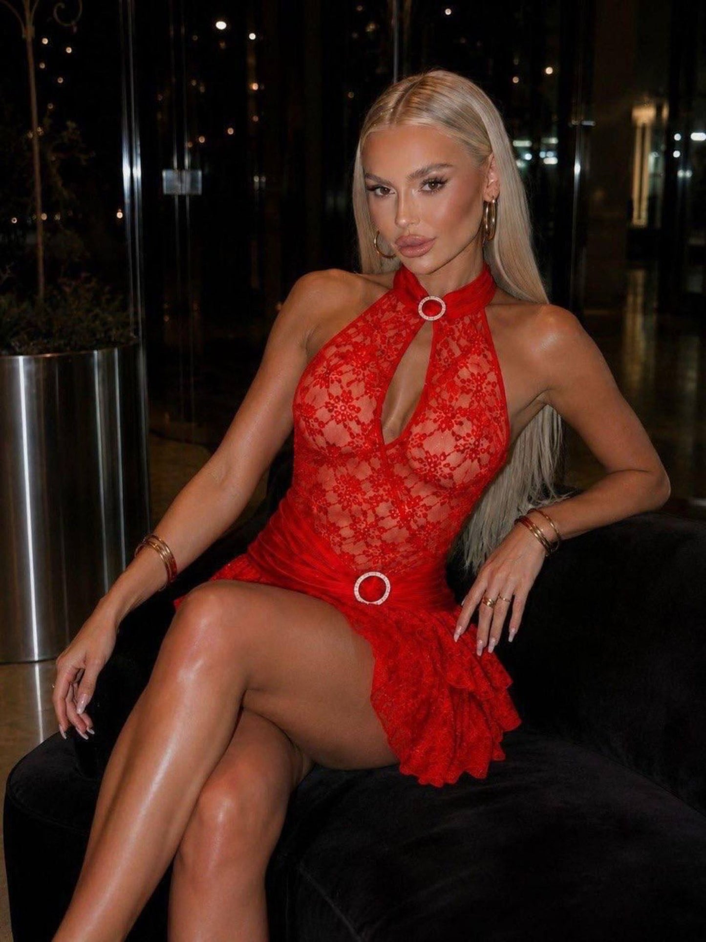 Scarlet Lace Halter Mini Dress