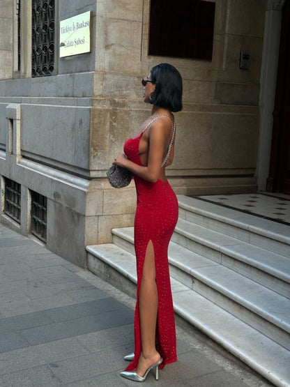 Ruby Stardust Open Back Evening Gown