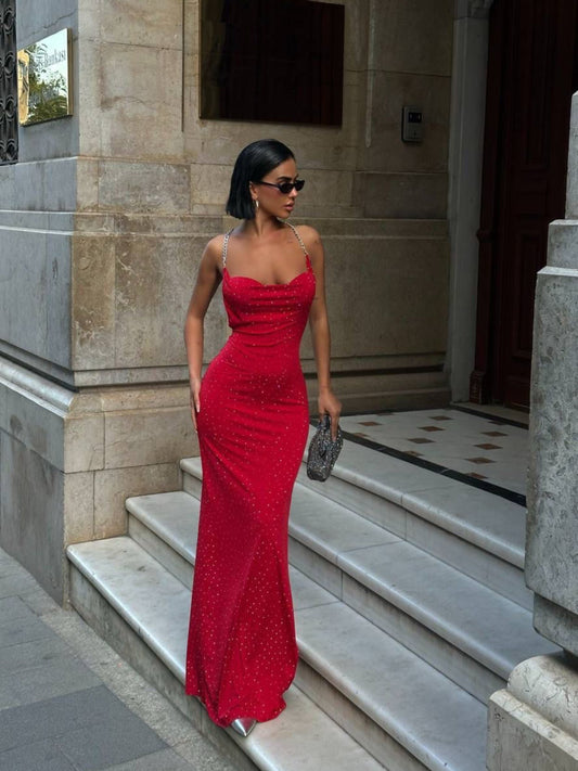Ruby Stardust Open Back Evening Gown