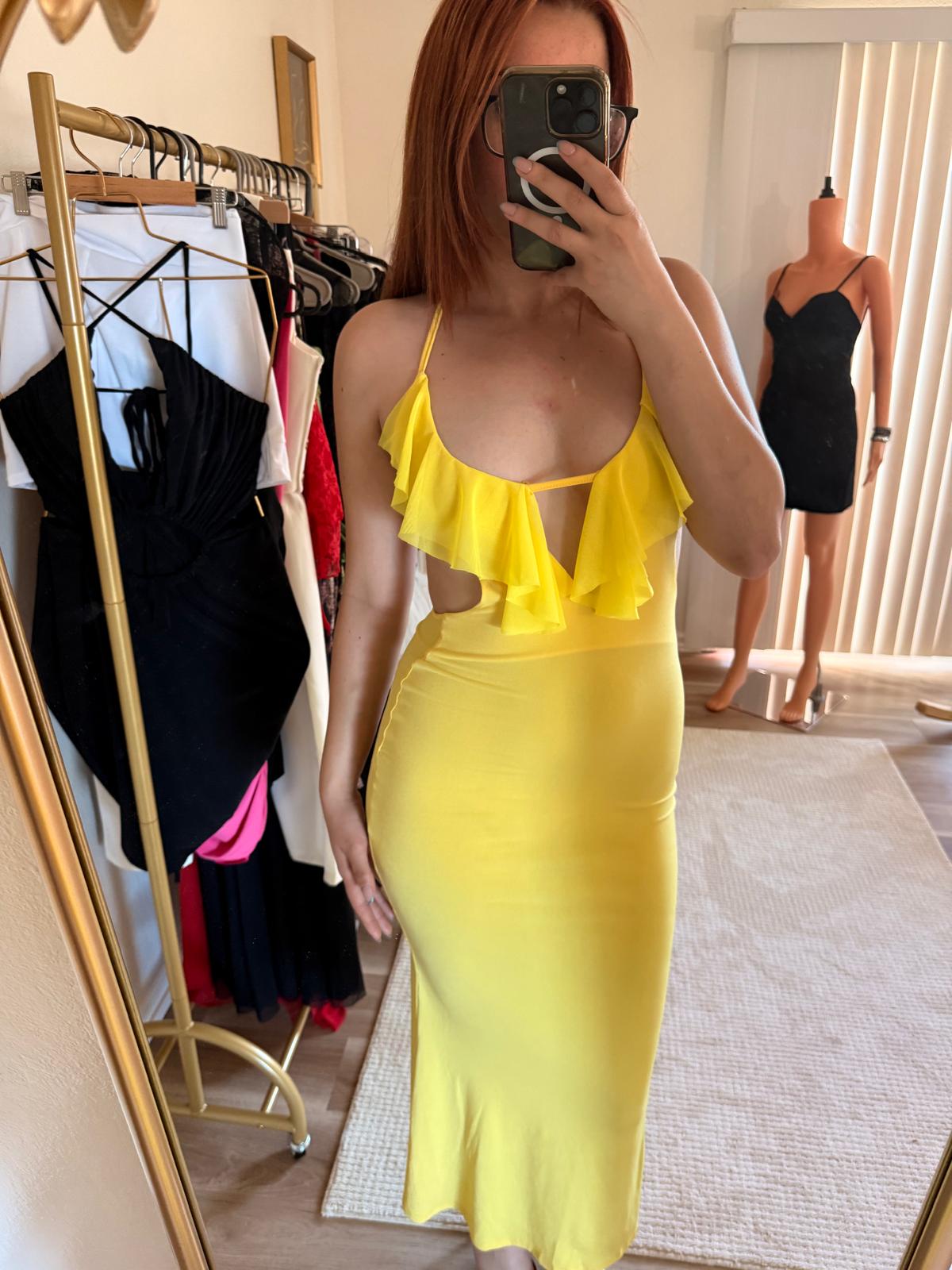 Yellow Rufle Cutout Backless Maxi Dress