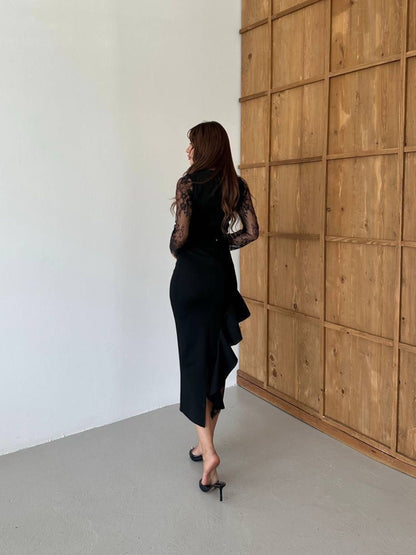 Noir Asymmetry Lace Midi Dress