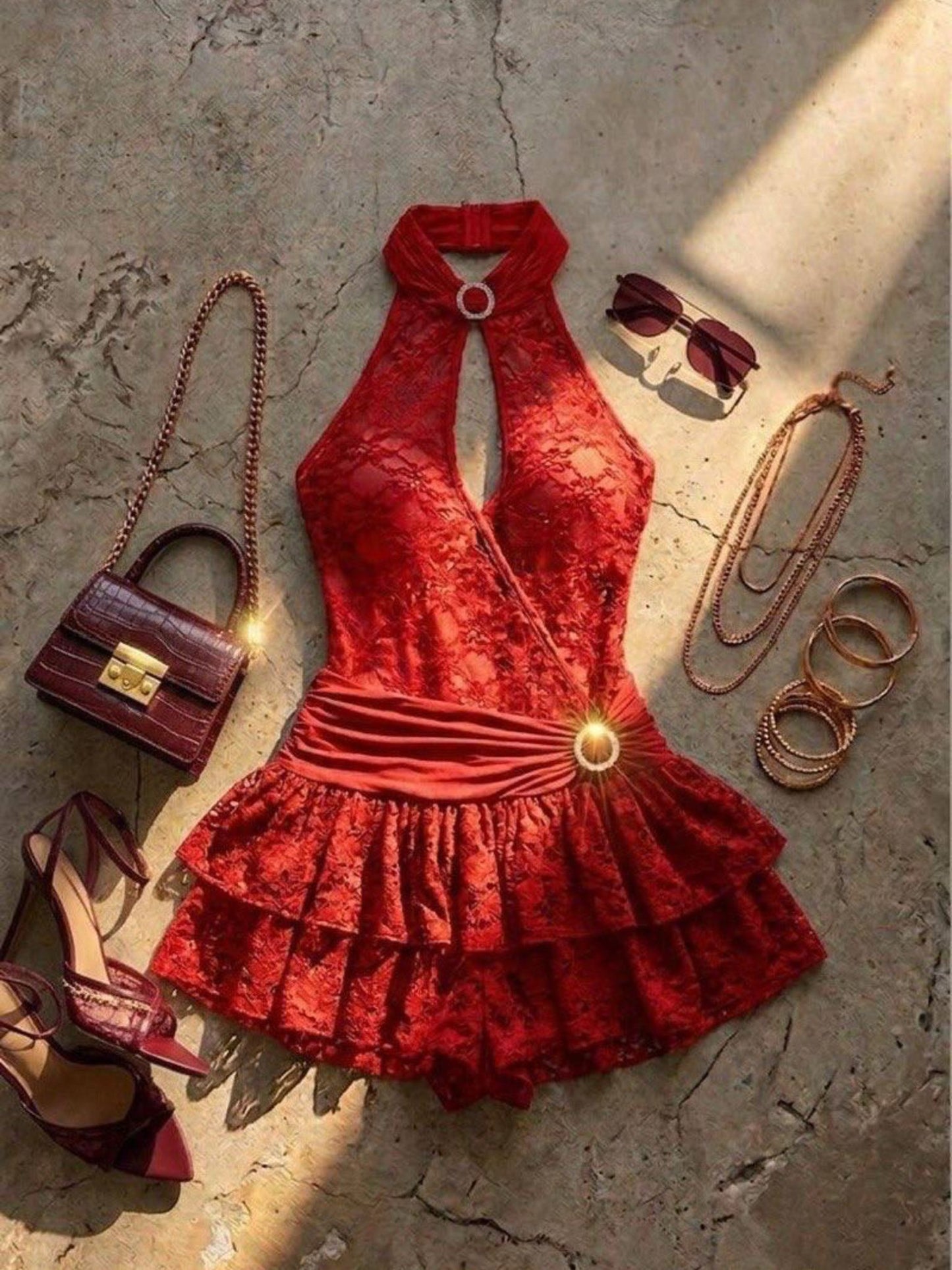 Scarlet Lace Halter Mini Dress