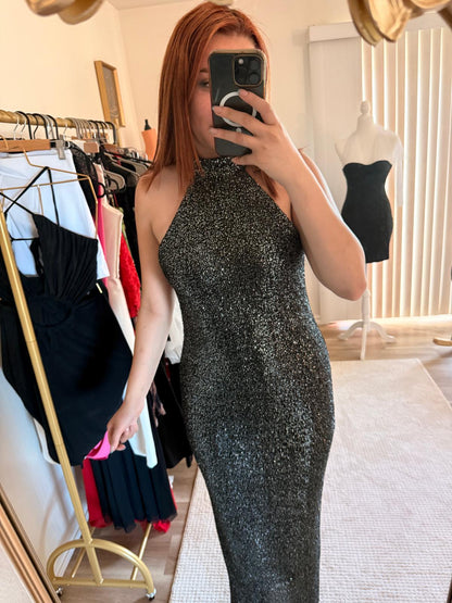 Sparkling Silver Halter Maxi Dress