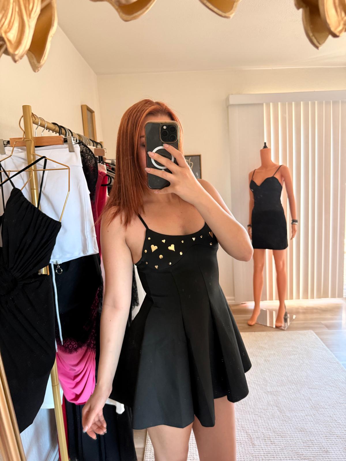 Gold Heart Embellished Flare Mini Dress