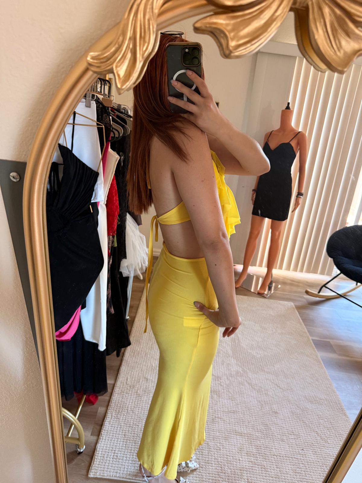 Yellow Rufle Cutout Backless Maxi Dress