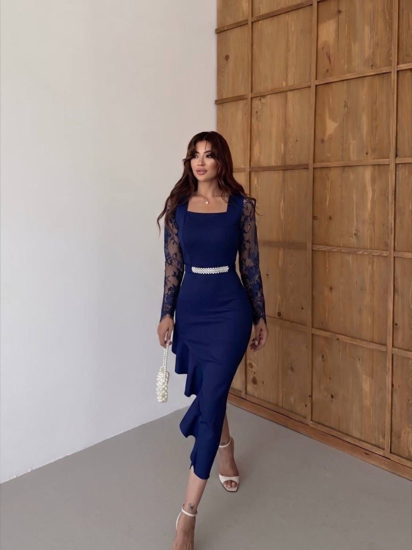 Noir Asymmetry Lace Midi Dress