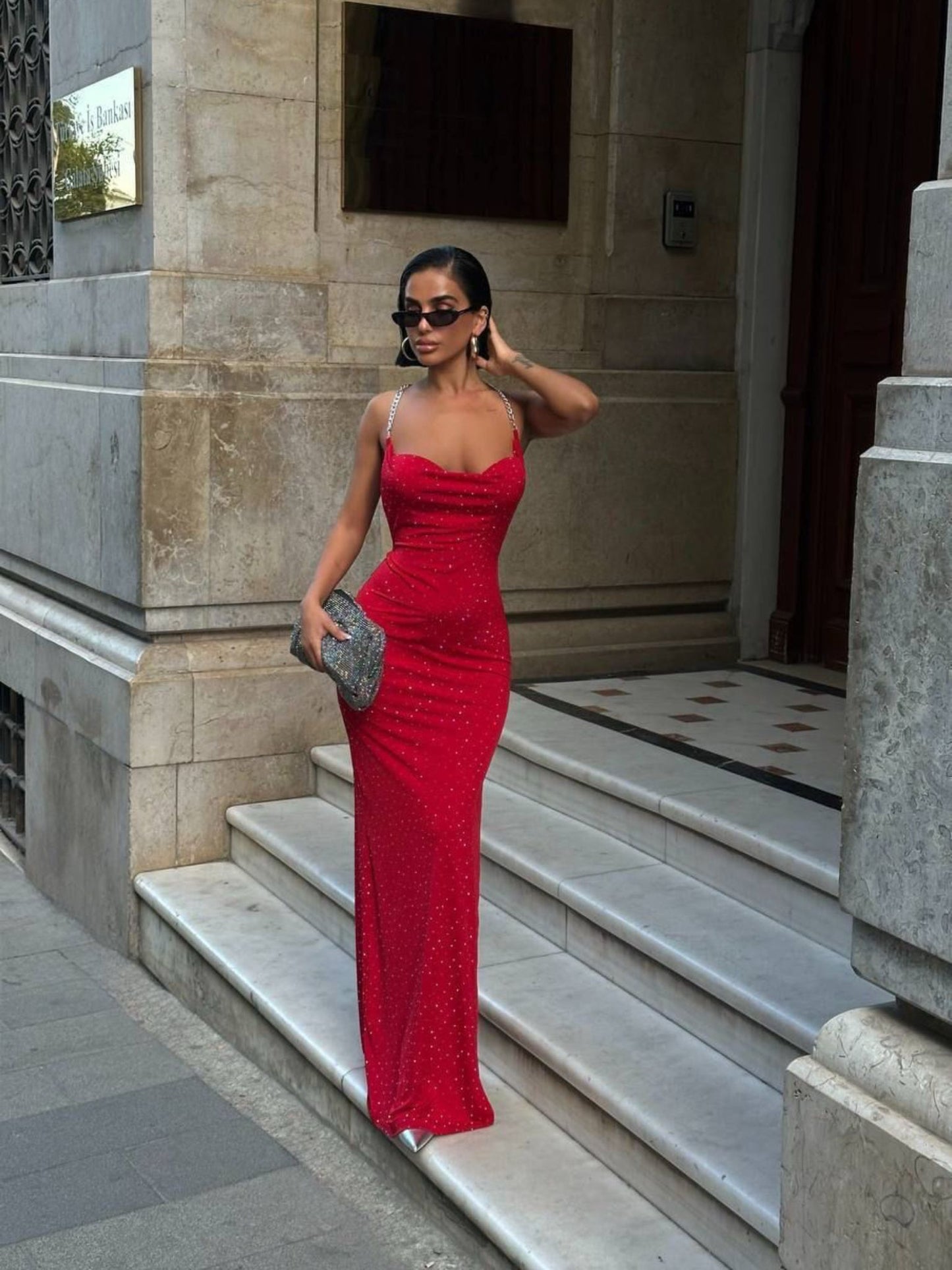 Ruby Stardust Open Back Evening Gown