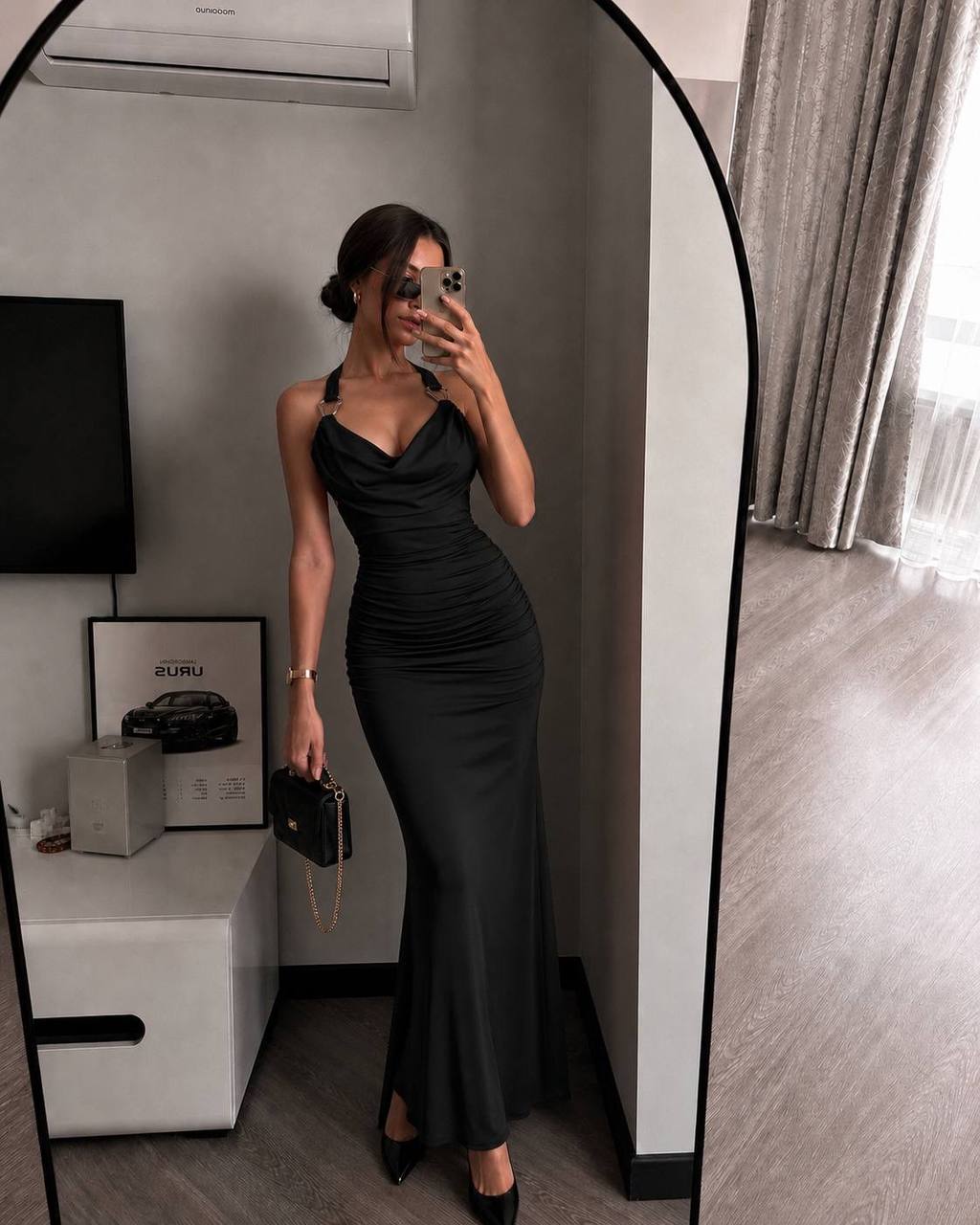 Black Backless Ruched Maxi Dress