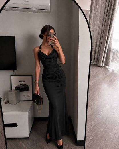 Black Backless Ruched Maxi Dress