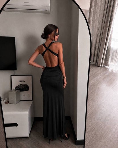 Black Backless Ruched Maxi Dress
