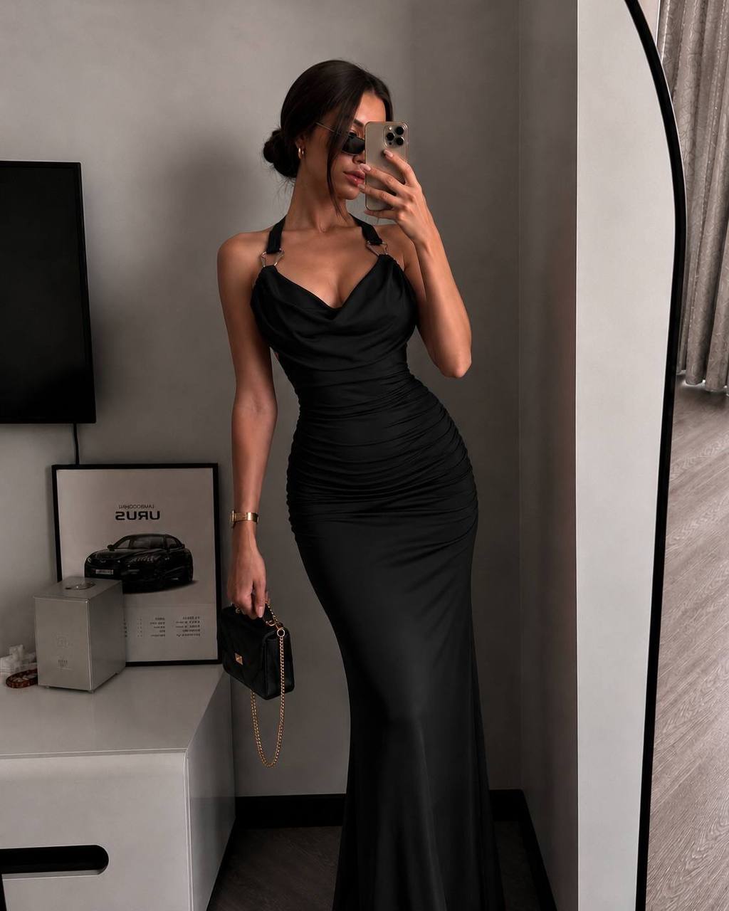 Black Backless Ruched Maxi Dress