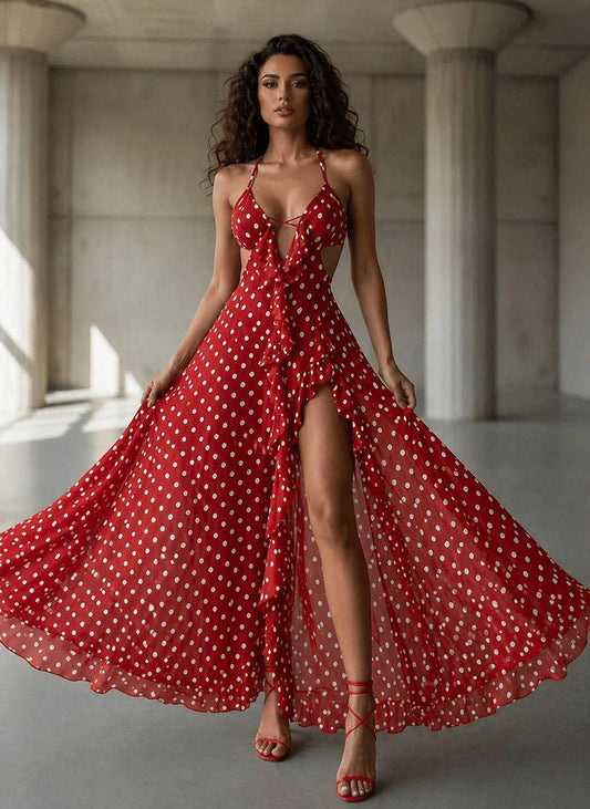 Polka Dot Ruffle Maxi Dress