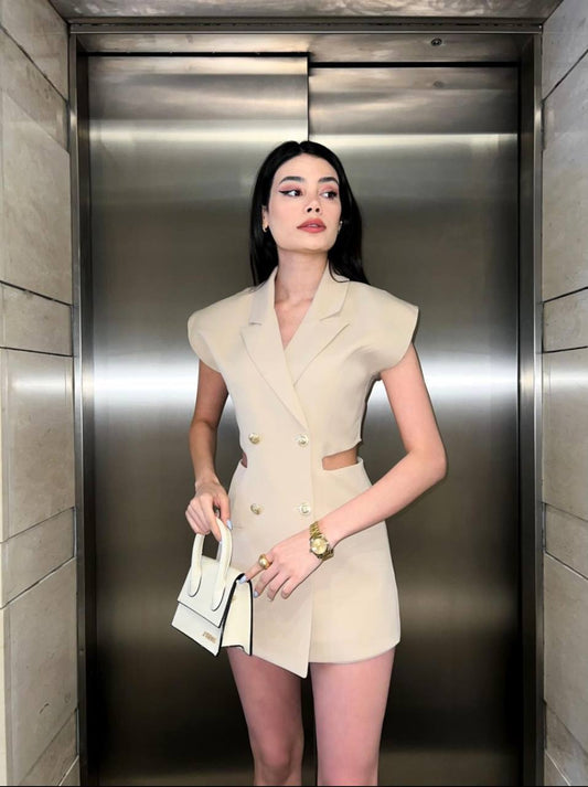 Beige Blazer Romper with Open Back