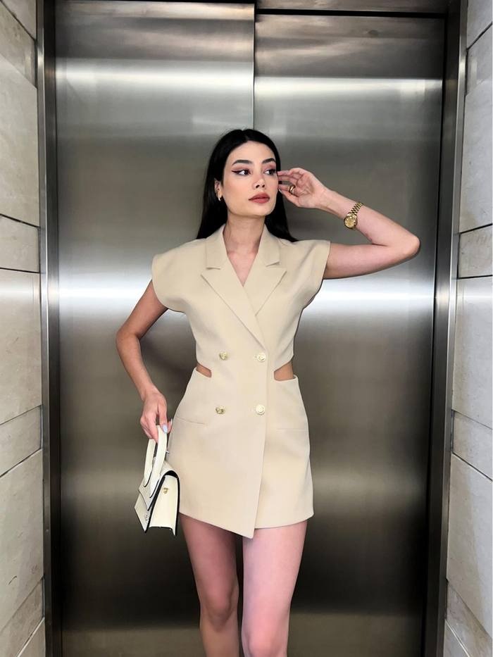 Beige Blazer Romper with Open Back
