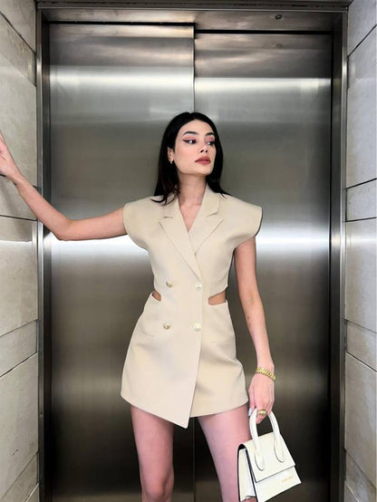 Beige Blazer Romper with Open Back