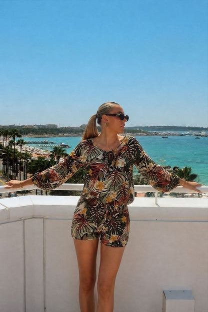 Tropical Print Long Sleeve Top & Shorts Two-Piece Set