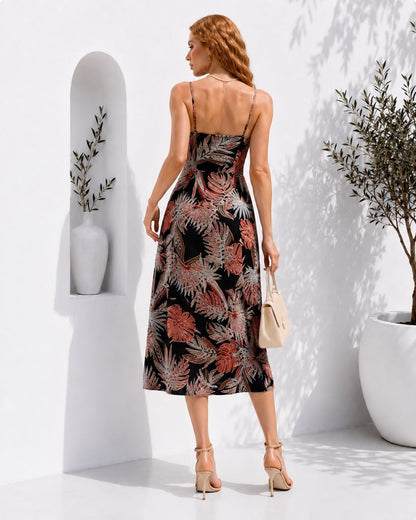 Tropical Print V-Neck Midi Dress
