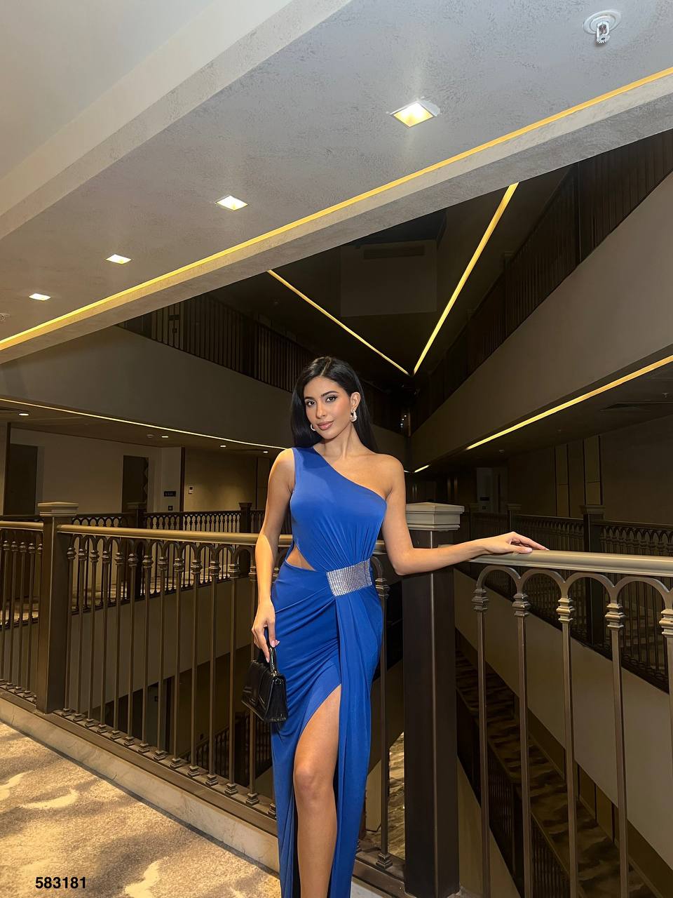 Blue One-Shoulder Cutout Slit Maxi Dress