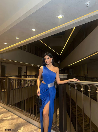 Blue One-Shoulder Cutout Slit Maxi Dress