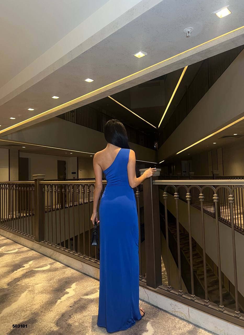 Blue One-Shoulder Cutout Slit Maxi Dress
