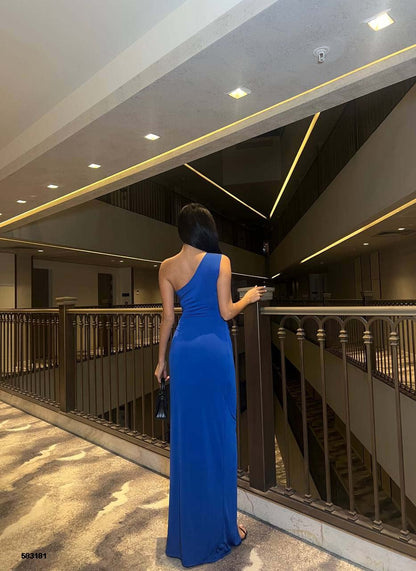 Blue One-Shoulder Cutout Slit Maxi Dress