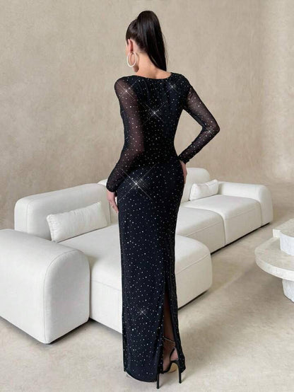 Crystal Mesh Long Sleeve Maxi Dress