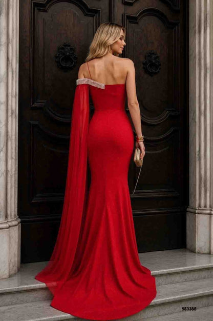 Red Cape Mermaid Evening Gown