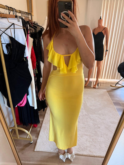 Yellow Rufle Cutout Backless Maxi Dress