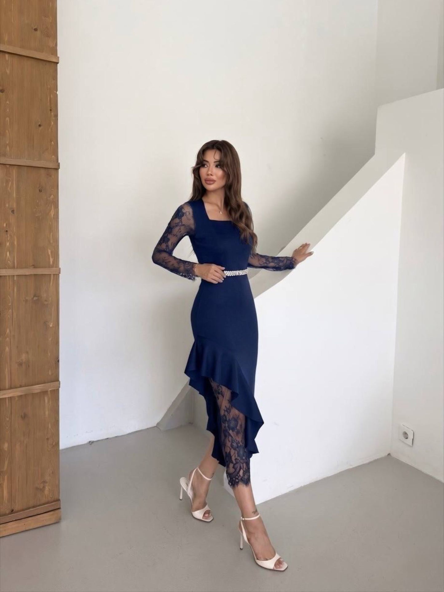 Noir Asymmetry Lace Midi Dress