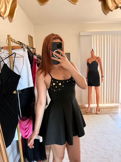 Gold Heart Embellished Flare Mini Dress