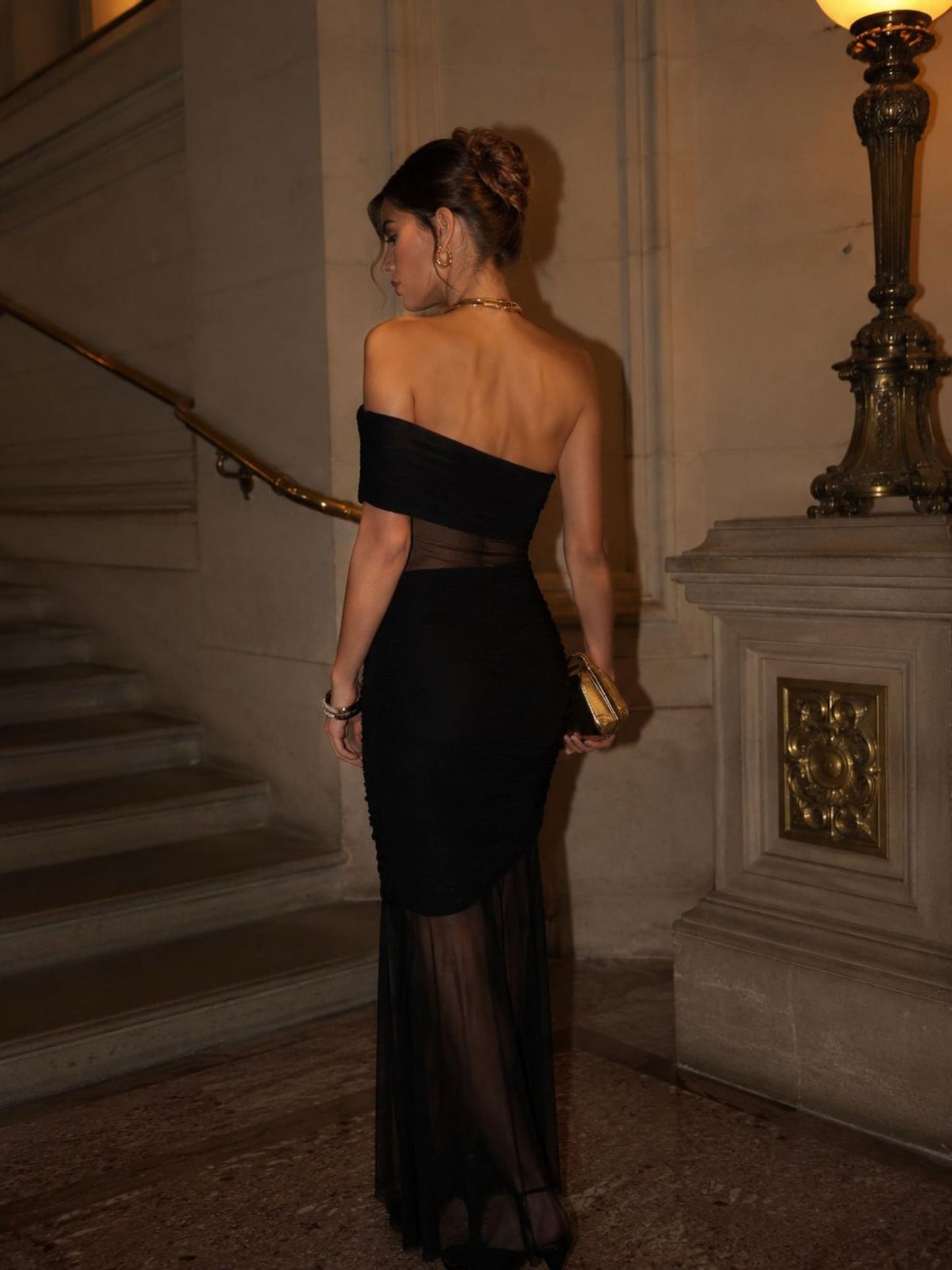 Midnight Mesh One Shoulder Gown