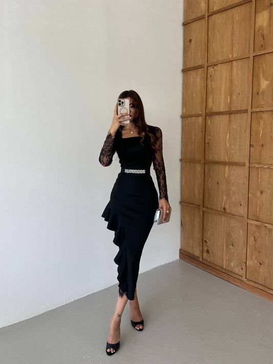 Noir Asymmetry Lace Midi Dress