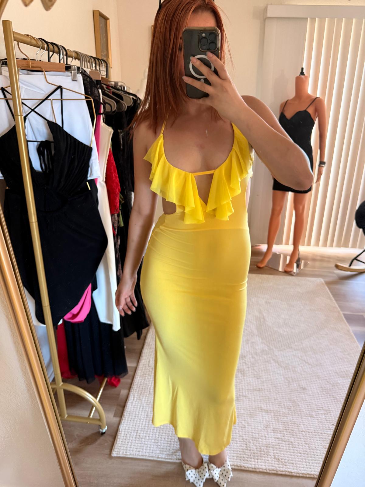 Yellow Rufle Cutout Backless Maxi Dress