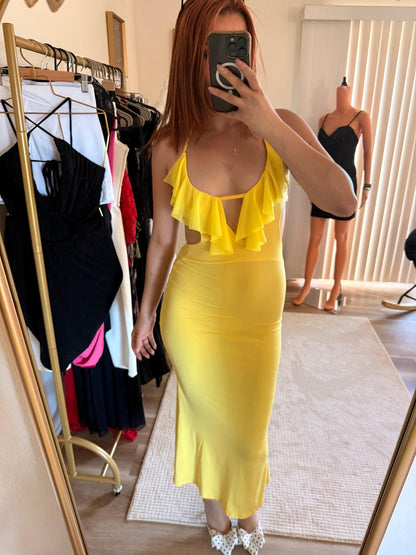 Yellow Rufle Cutout Backless Maxi Dress