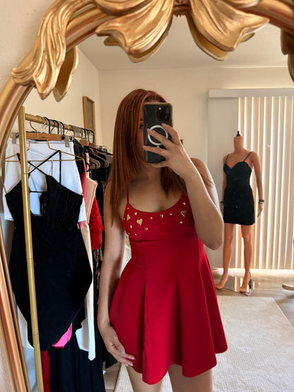 Gold Heart Embellished Flare Mini Dress