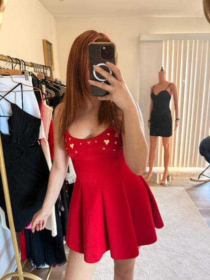 Gold Heart Embellished Flare Mini Dress